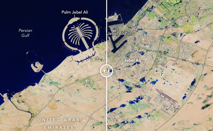ناسا تنشر صورا فضائية للإمارات قبل وبعد الفيضانات