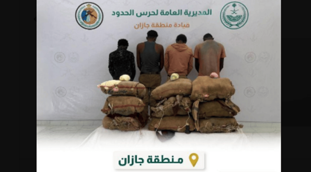القبض على 4 مخالفين لنظام أمن الحدود لتهريبهم 75 كيلوجرامًا من القات في جازان