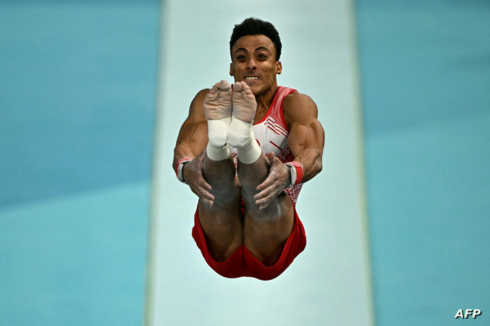 Turkey's Adem Asil competes in the vault event of the artistic gymnastics men's qualification during the Paris 2024 Olympic…