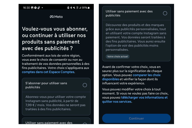 في يوليو 2025 ، قامت Meta بنشر رسالة إلى Facebook ومستخدمي Instagram الذين يشجعونهم على الاختيار بين اشتراك مدفوع واستخدام بياناتهم الشخصية.