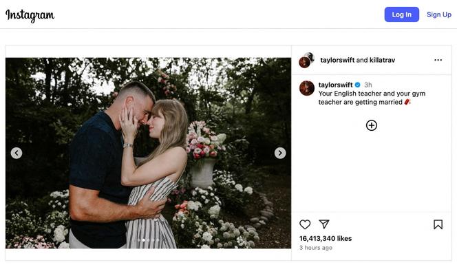 تم نشر الصورة في 26 أغسطس 2025 على حساب Instagram Taylor Swift ، أعلنت عن زواجها من لاعب كرة القدم الأمريكي Travis Kelce.