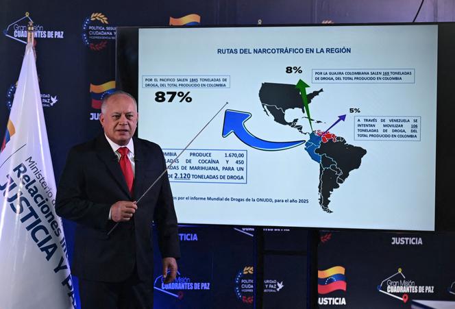 وزير الداخلية الفنزويلي ، ديوسدادو كابيلو في مؤتمر صحفي في كاراكاس ، في 25 أغسطس 2025.