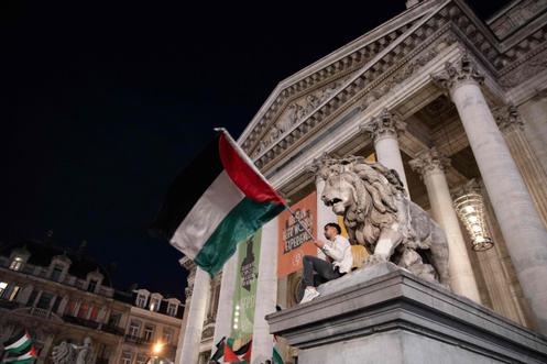أحد المتظاهرين يحمل علمًا فلسطينيًا في بروكسل في 2 أكتوبر 2025.