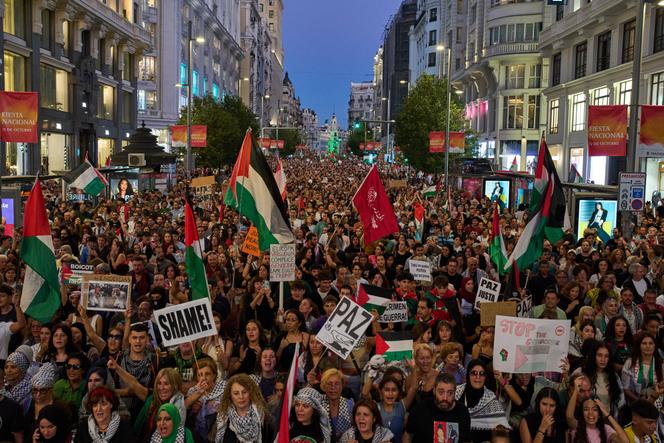 دليل على المطالبة بنهاية الحرب في قطاع غزة في مدريد في 4 أكتوبر 2025.
