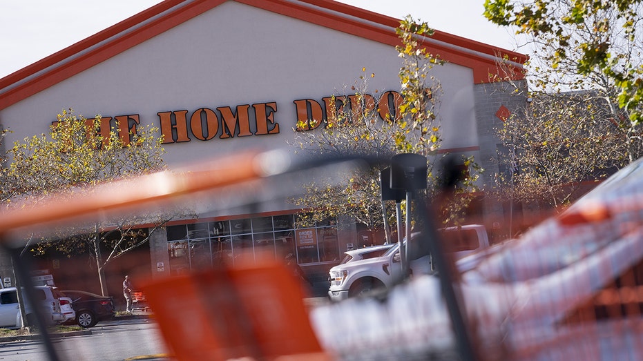 واجهة متجر Home Depot في الخلفية مع عرض عربة التسوق عن قرب