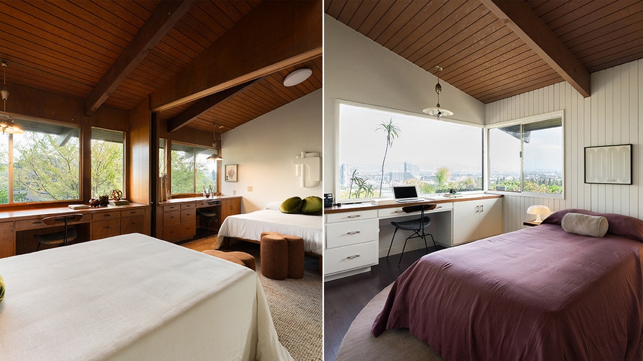 تحتوي غرف النوم على مكاتب مدمجة ونوافذ كبيرة.