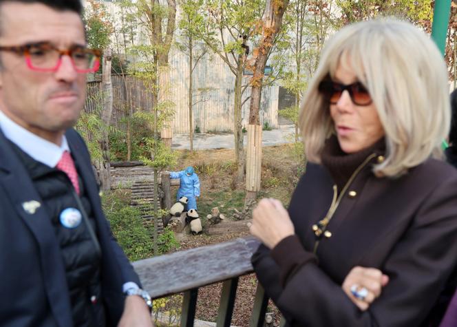 أحد الموظفين يعتني بالباندا، بينما تزور بريجيت ماكرون ورودولف ديلورد، مدير ZooParc de Beauval، مركز أبحاث وتربية الباندا العملاقة في تشنغدو، مقاطعة سيتشوان، الصين، 5 ديسمبر 2025. 