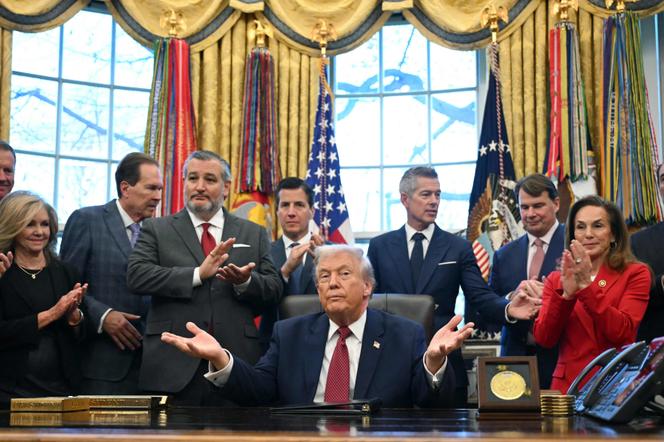 الرئيس الأمريكي دونالد ترامب، محاطًا بالبرلمانيين الجمهوريين والمديرين التنفيذيين لشركات تصنيع السيارات، في المكتب البيضاوي بالبيت الأبيض، في واشنطن، 3 ديسمبر 2025.