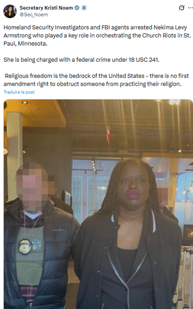 صورة غير محررة للمحامية نيكيما ليفي أرمسترونج نُشرت على حساب وزيرة الأمن الداخلي كريستي نويم في 22 يناير 2026.