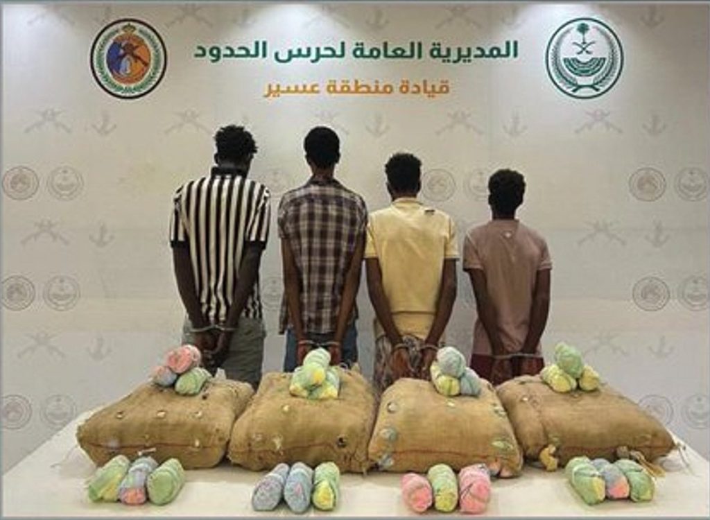 حرس الحدود بعسير يقبض على 4 إثيوبيين لتهريبهم 80 كيلوجرامًا من نبات القات المخدر