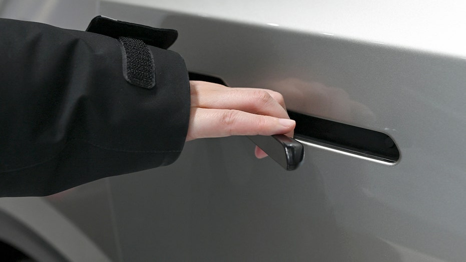 امرأة تفتح باب تسلا