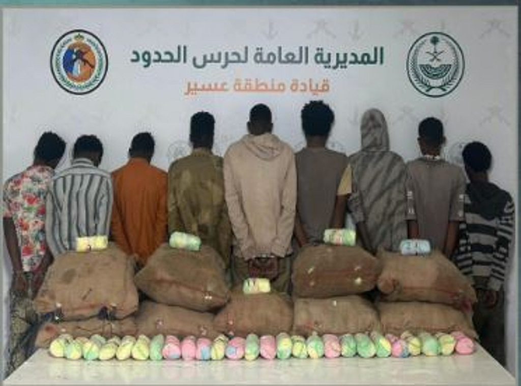 حرس الحدود بعسير يقبض على 9 إثيوبيين لتهريبهم 180 كيلو جراما من القات المخدر